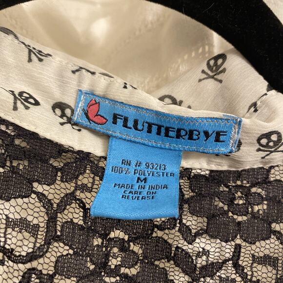 Flutterbye Top Medium White Black Skulls Tank Collared Button Up Lace Goth - Picture 2 of 6